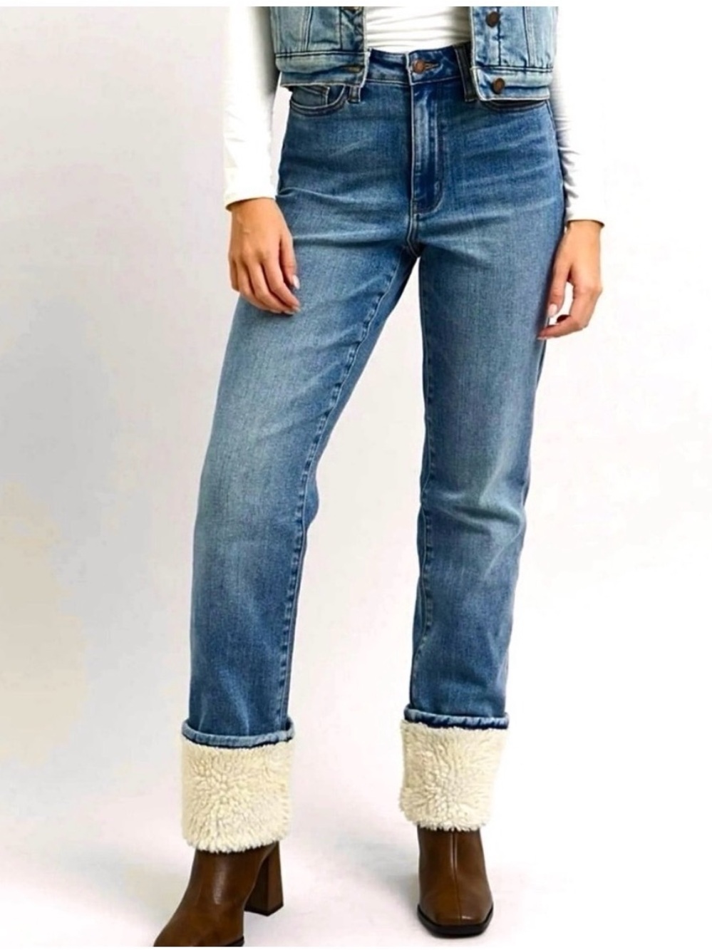 Judy Blue Medium Blue Straight-Leg Jeans with Sherpa Cuff